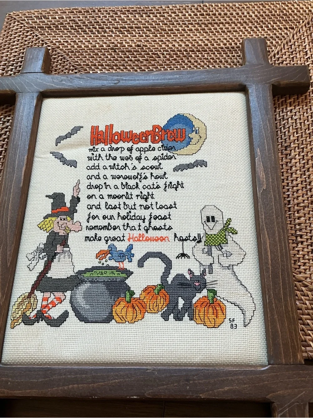 Vintage Completed Halloween Brew Cross Stitch Framed Wood Ox-Bow 1983 Whimsical